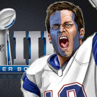 Tom Brady in front of Super Bowl logo