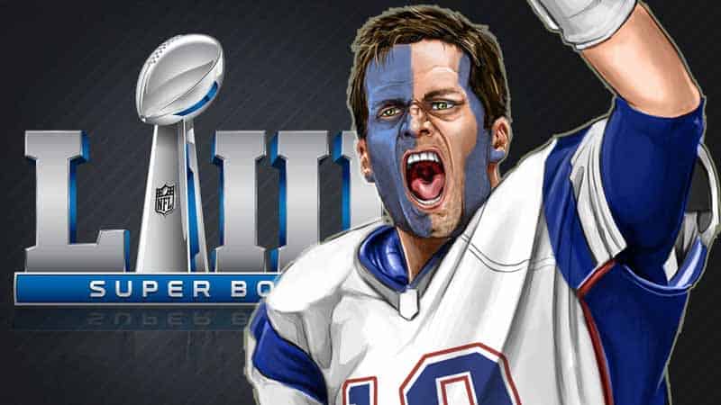 Tom Brady in front of Super Bowl logo
