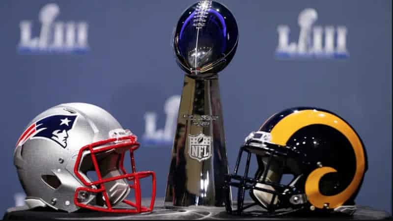 Patriots helmet Rams helmet Super Bowl 53 trophy