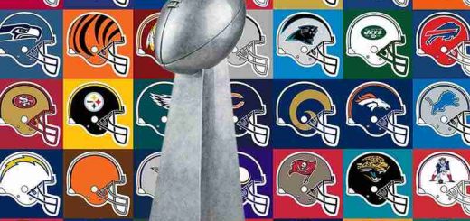 Lombardi Trophy in front of wall of NFL team helmets