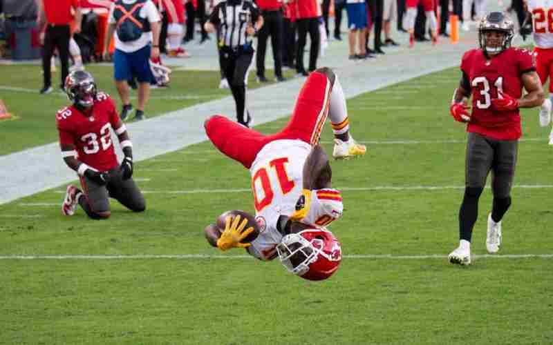 Tyreen Hill Kansas City Wide Receiver doing a backflip