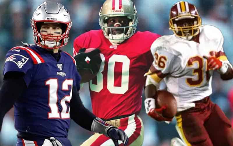 Tom Brady of the Patriots Jerry Rice of the 49ers and Timmy Smith of the Redskins