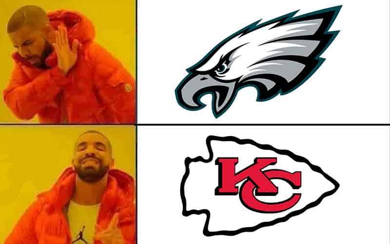 meme of Drake picking the Chiefs over the Eagles in Super Bowl LVII