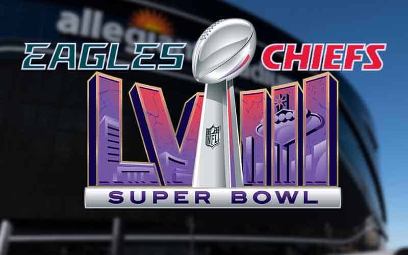 logos for the Philadelphia Eagles Kansas City Chiefs and Super Bowl LVII over an image of Allegiant Stadium