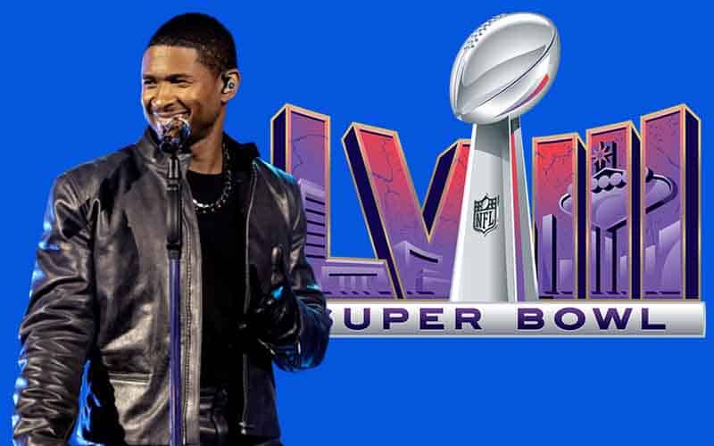 Usher in front of a Super Bowl 58 logo