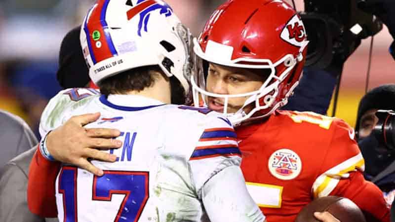 Patrick Mahomes and Josh Allen embracing after a game