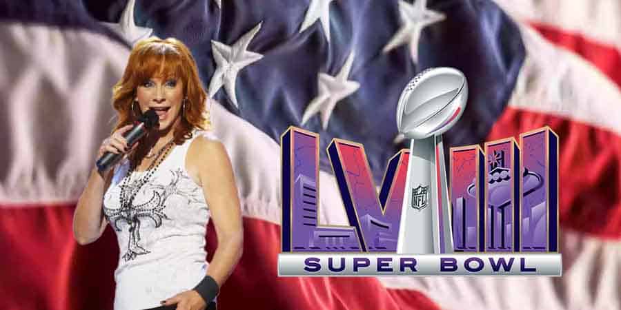 Reba McEntire and a Super Bowl 58 logo in front of a massive American flag