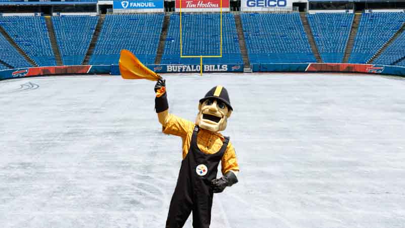 Steely McBeam waving a terrible towel at a snowy Buffalo Bills stadium