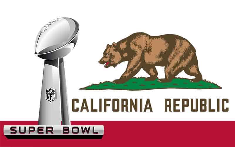A Lombardi Trophy logo and a California State flag