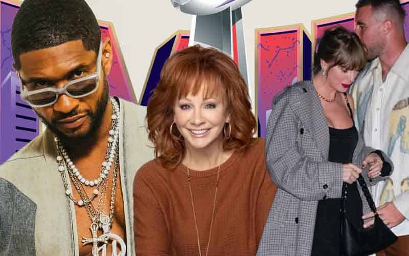 Super Bowl logo and Usher, Reba McEntire, Travis Kelce and Taylor Swift