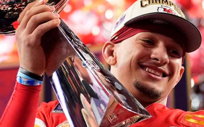 Mahomes lifting a Lombardi after SB LVIII